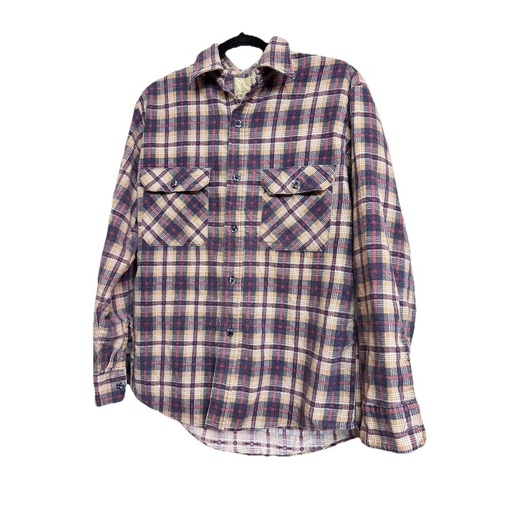 Vtg Sears Fieldmaster Perma-Prest Flannel Shirt Plaid Workwear USA Made 60s 70s